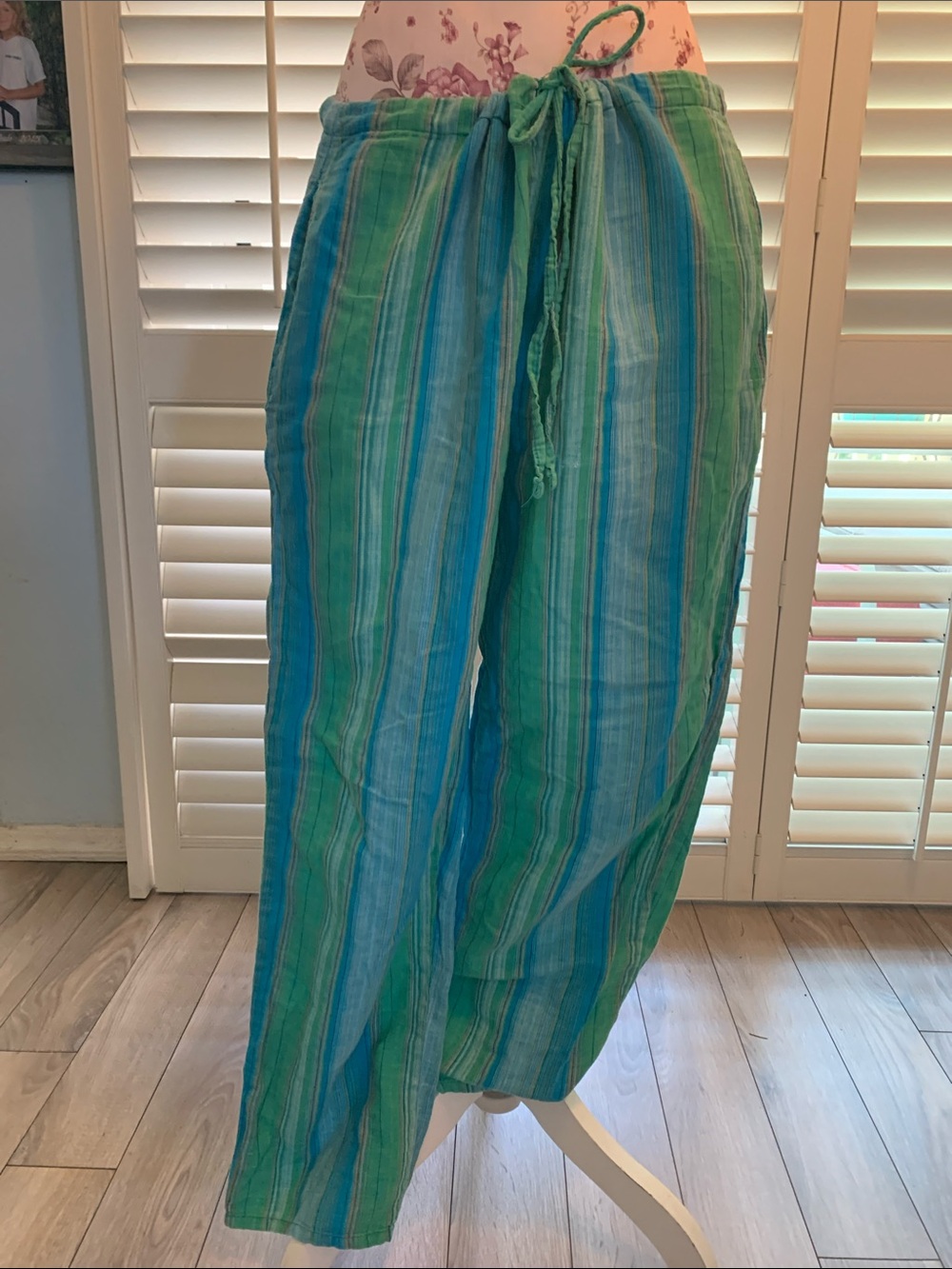 Lightweight Green & Blue Stripe Drawstring Womens Pants
